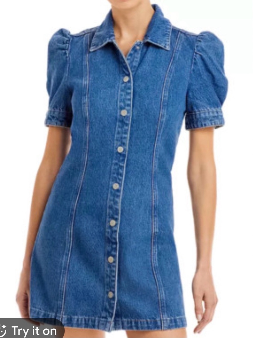 Blank NYC Denim Button-Front Mini Dress with Puff Sleeves - Blue